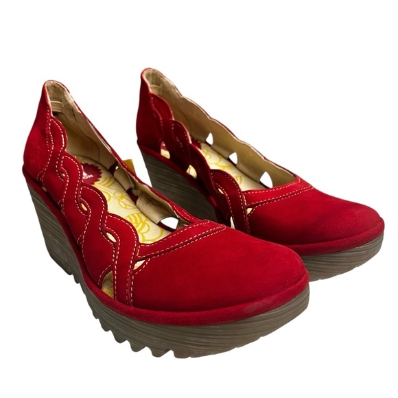 Fly London 6.5 Red Suede Mary Jane Comfort Tomato Girl Feminine Wedge Shoes - Picture 2 of 13